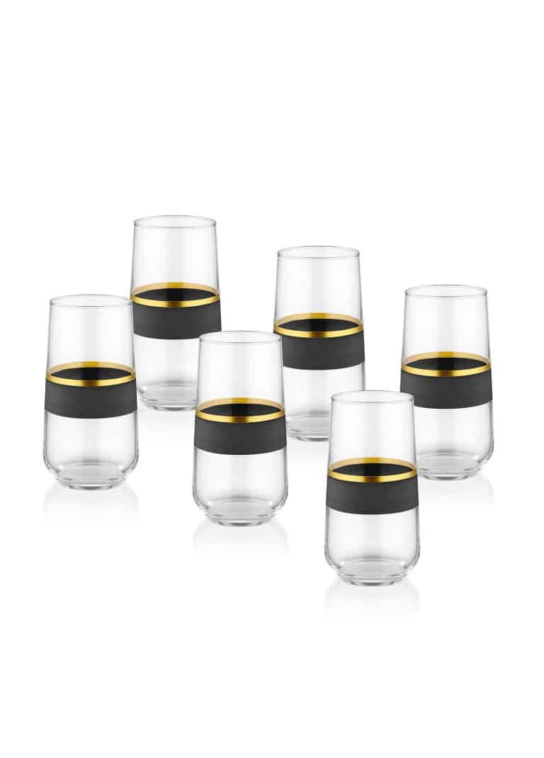 Long Water Glass, Glow, Set of 6, Black & Gold