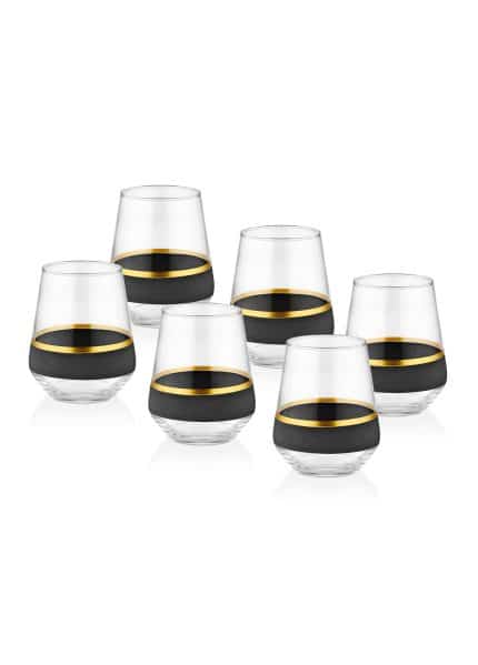 Short Water / Whiskey Glass, Glow, Set of 6, Black & Gold