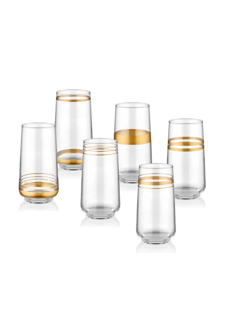 Long Water Glass, Lines, Set of 6, Gold