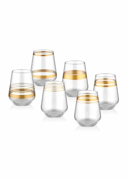 Short Water / Whiskey Glass, Lines, Set of 6, Gold