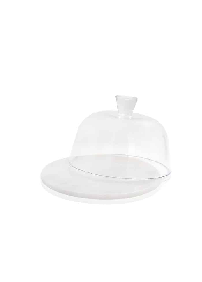 Cake Stand with Dome, Marble & Glass, Marbre, 25 cm, White