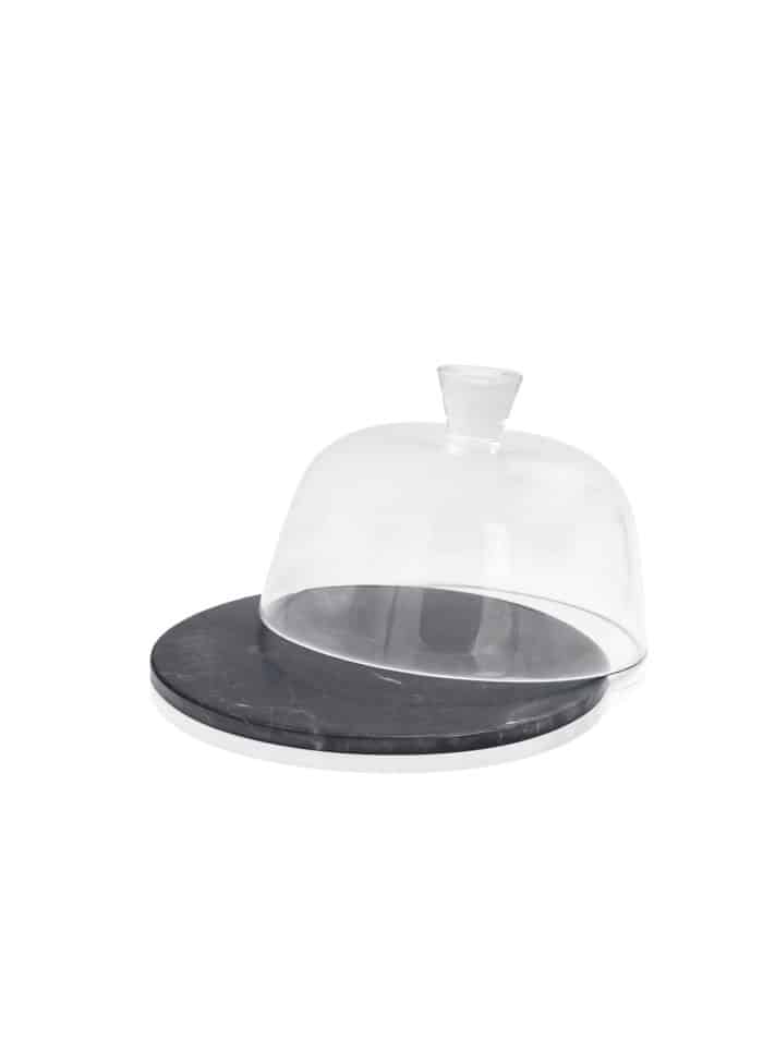 Cake Stand with Dome, Marble & Glass, Marbre, 25 cm, Black