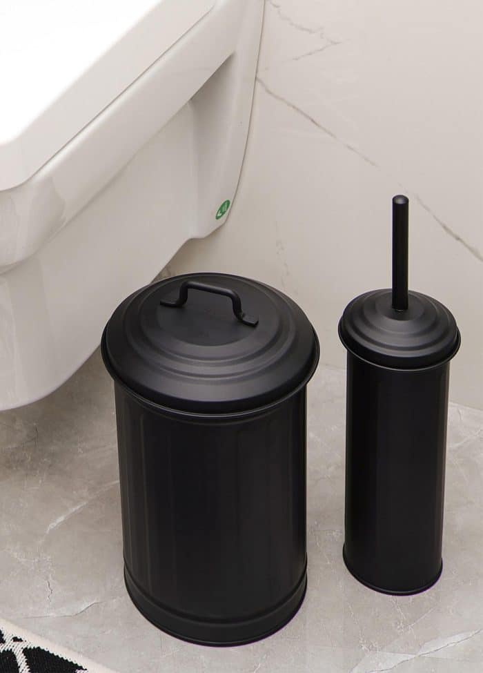 5 Lt. Trash Can and Toilet Brush, Galvanized Steel, Set of 2, Black