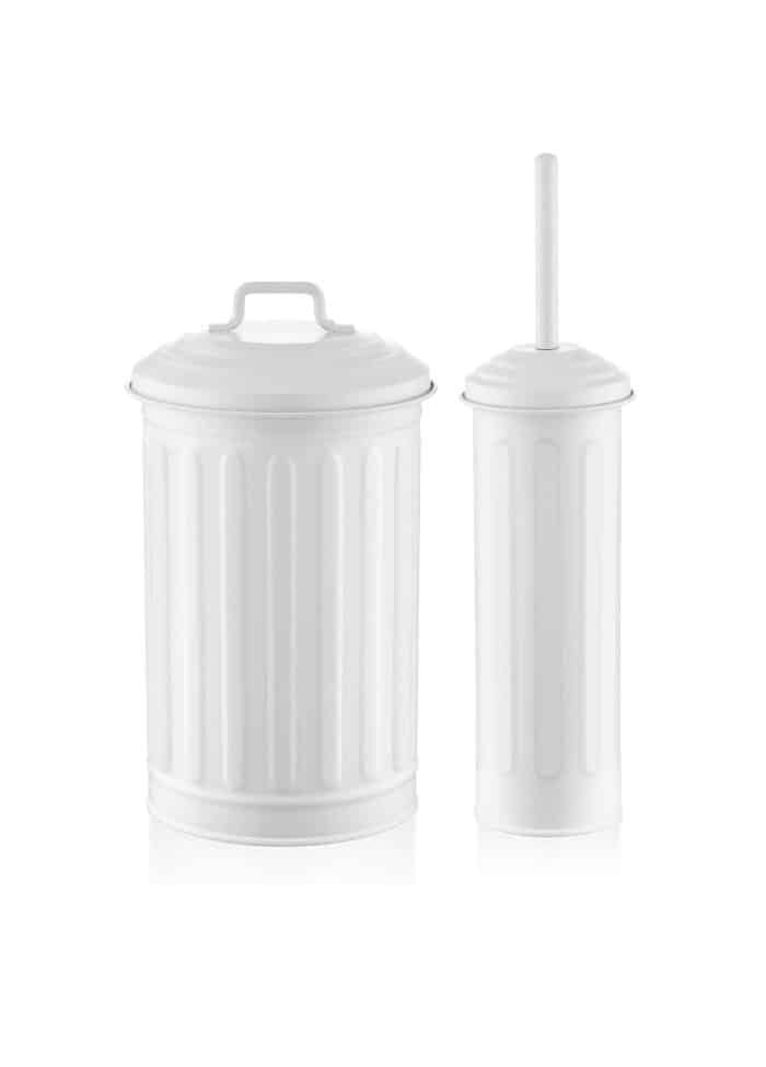 5 Lt. Trash Can and Toilet Brush, Galvanized Steel, Set of 2, White