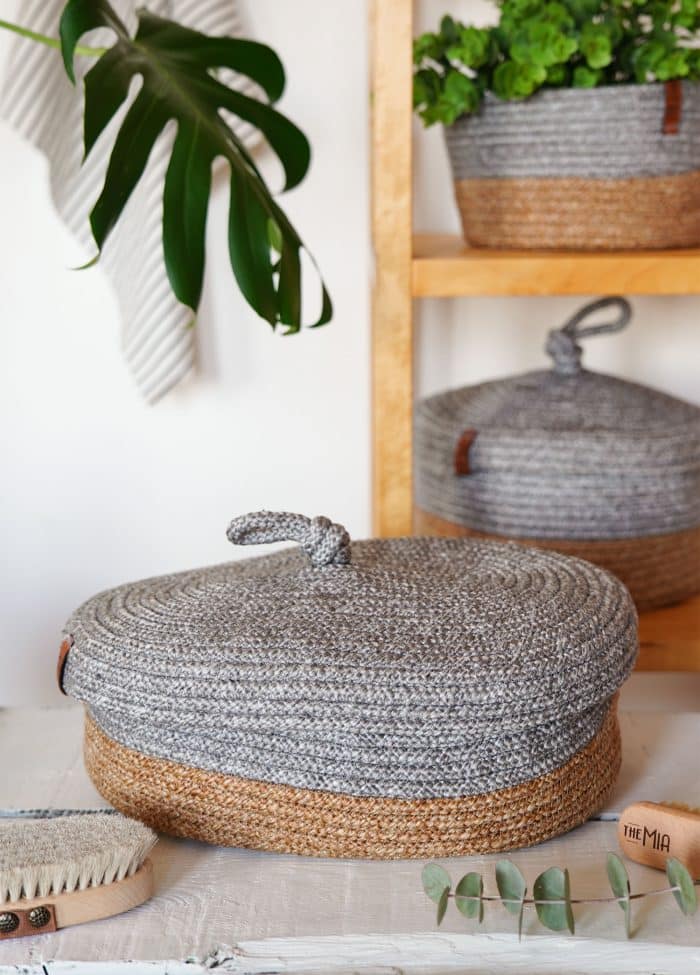 Storage Basket with Lid, Jute Fibre, Set of 2, 35x24x12 cm, Gray