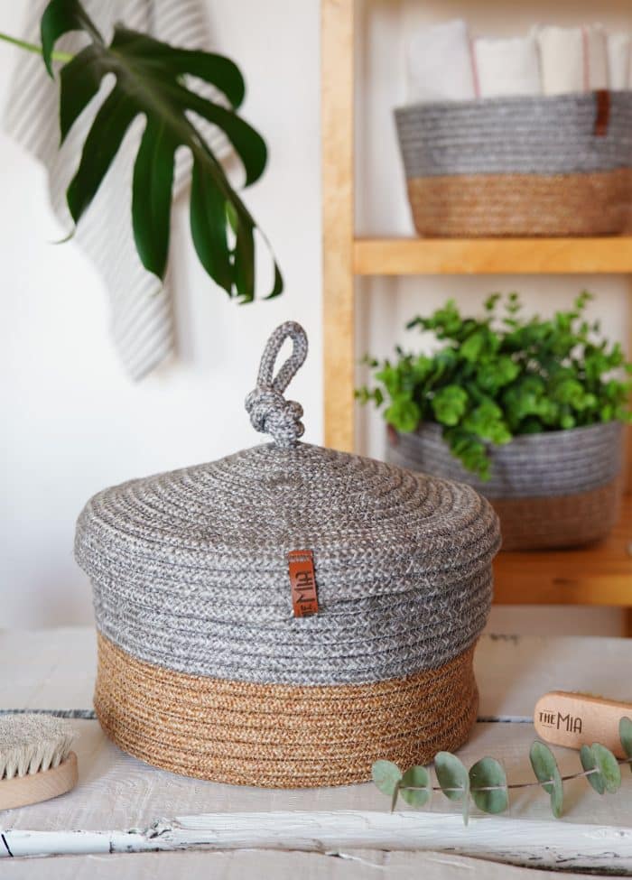 Storage Basket with Lid, Jute Fibre, Set of 2, 15x25x25 cm, Gray