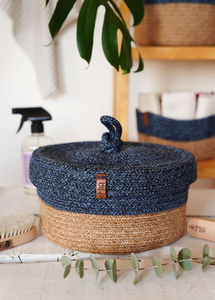 Storage Basket with Lid, Jute Fibre, Set of 2, 15x25x25 cm, Dark Blue