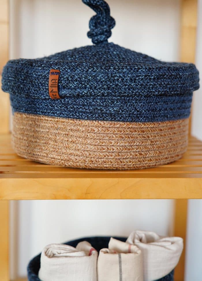 Storage Basket with Lid, Jute Fibre, Set of 2, 15x25x25 cm, Dark Blue