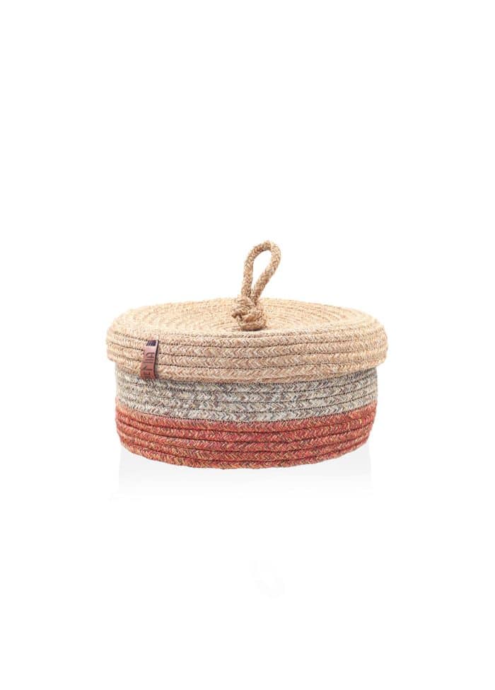 Storage Basket with Lid, Jute Fibre, Set of 2, 15x25x25 cm, Red