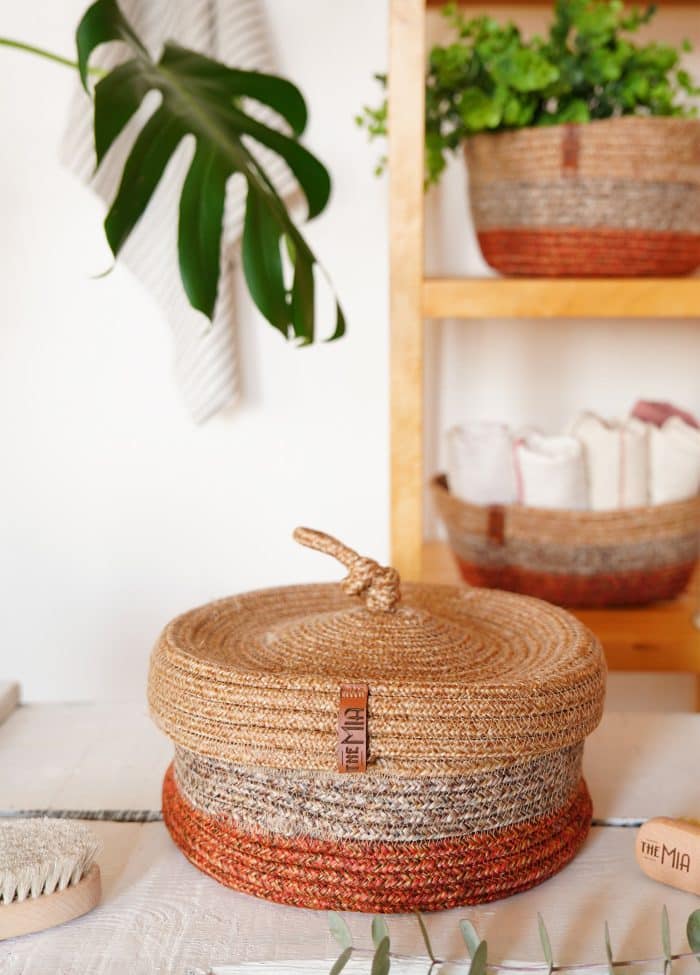 Storage Basket with Lid, Jute Fibre, Set of 2, 15x25x25 cm, Red