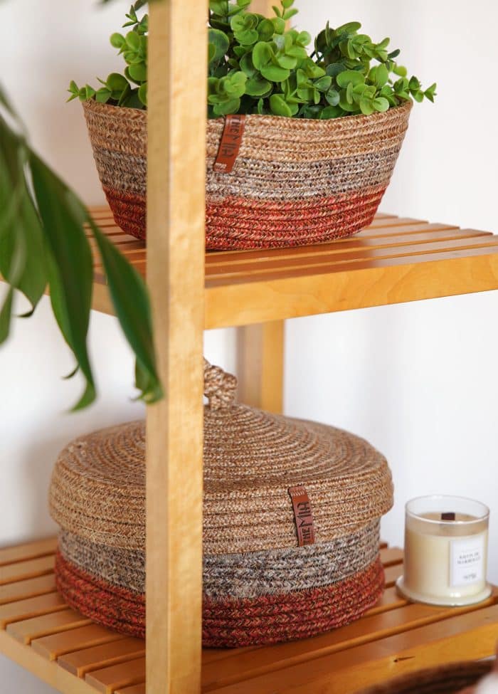 Storage Basket with Lid, Jute Fibre, Set of 2, 15x25x25 cm, Red