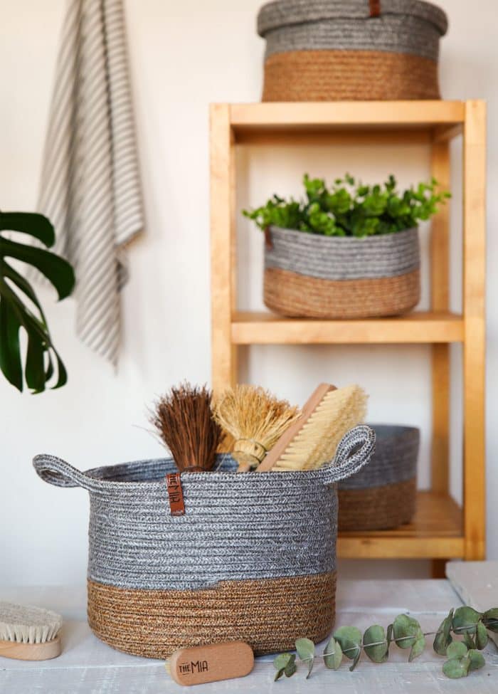 Storage Basket with Handle, Jute Fibre, 20x25x25 cm, Gray