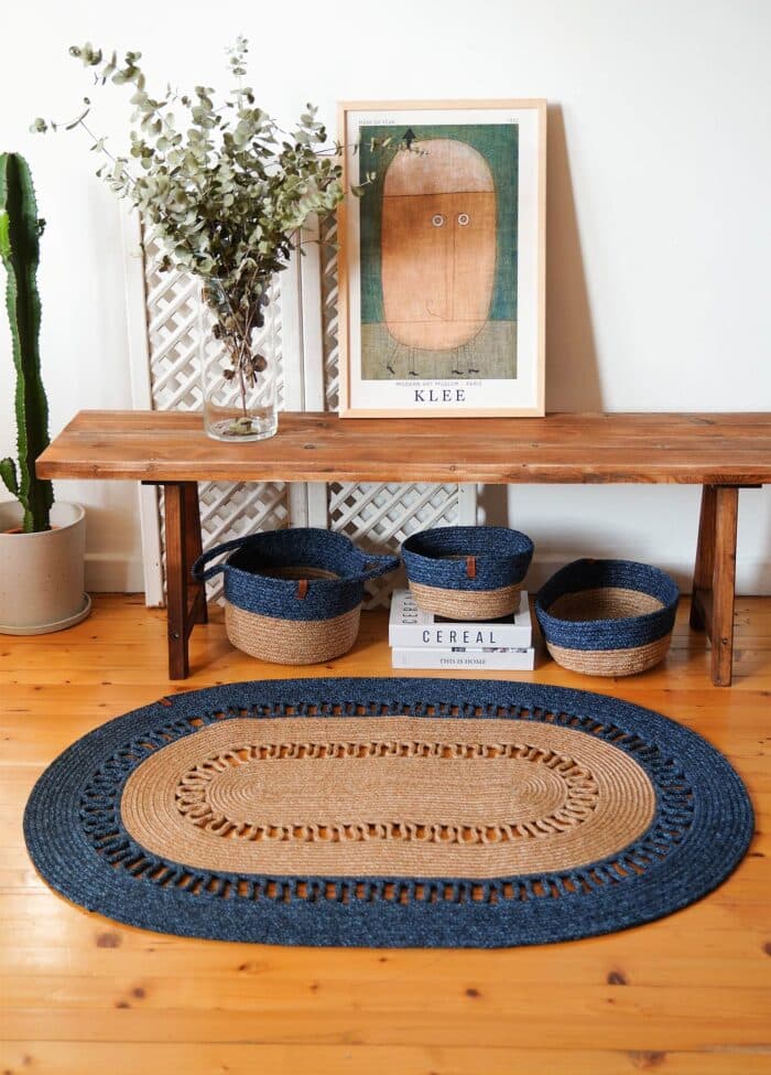 Oval Rug, Jute Fibre, 80 cm, Dark Blue